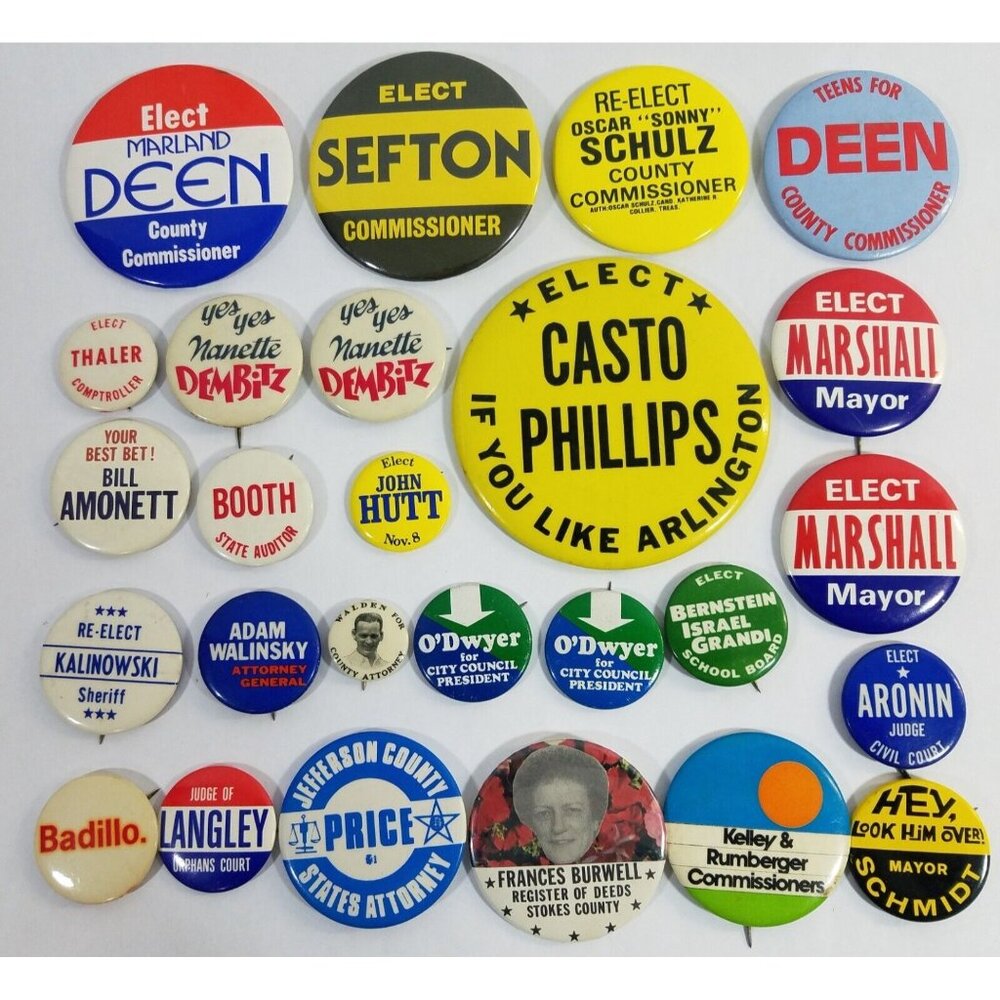 Lot of 26 Political Campaign Pin Pinback Buttons Marshall Casto Sefton Deen Hutt